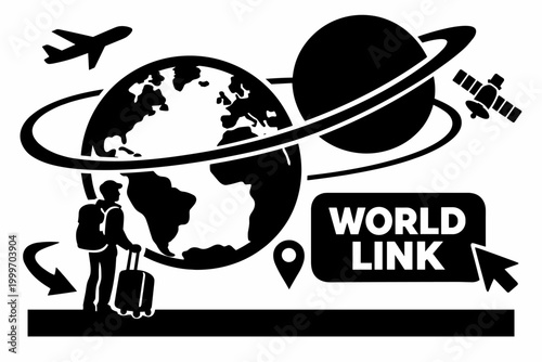 Global travel and connectivity concept with earth, airplane, satellite, and traveler