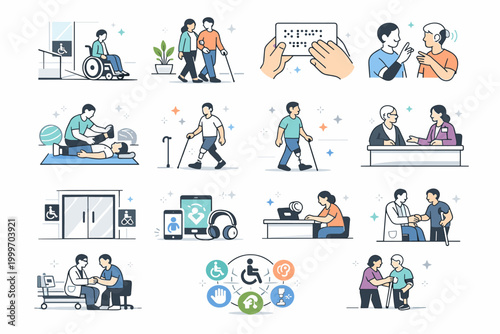 Illustrations depicting diverse people receiving support and rehabilitation services