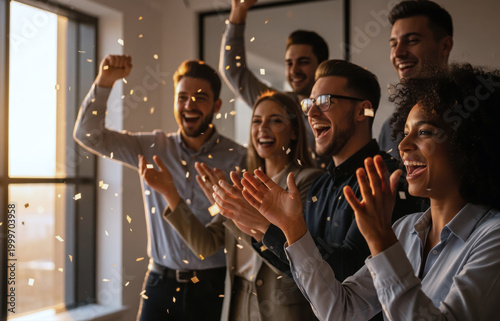 Multi-ethnic group of colleagues celebrating with confetti in the office, happy young professionals applauding, success