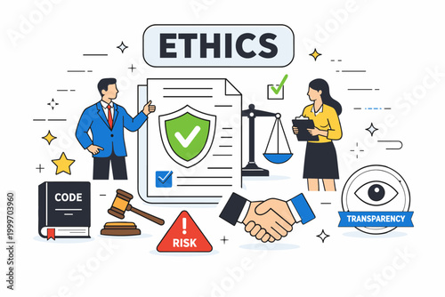 Business ethics and governance concepts illustrated with icons and symbols