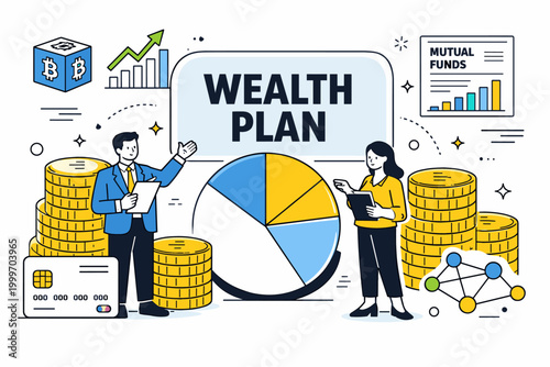 Investment Wealth Strategy. Investment strategy, wealth management, asset allocation, crypto planning, mutual funds, stock exchange, diversification.