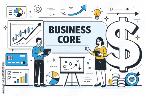 Business Finance Icons Series. Clean editorial banner scene with two professionals beside an oversized fintech chart and large money symbol reaching across the