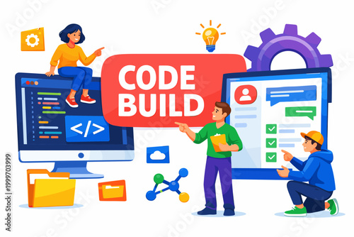 Coding Developer Toolkit dynamic asymmetric banner scene with two stylized programmers and one product manager interacting with an oversized code window and