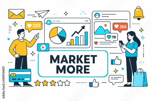 Digital Marketing Icons Series. Clean editorial banner scene with two marketers beside an oversized analytics diagram and large social network panel spreading