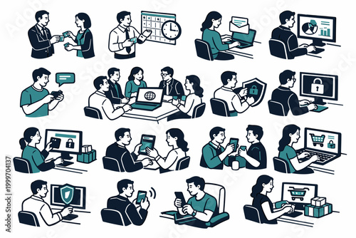 Diverse business people collaborating and using technology for modern work tasks