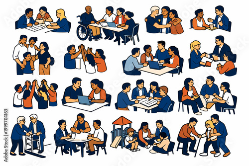 Diversity Inclusion Stories collection of digital illustrations, small isometric scenes across full canvas, varied scale, diverse coworkers brainstorming