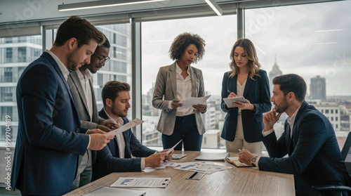 Multi-ethnic team of businessmen and women in modern office, analyzing reports and collaboration, ethnic diversity