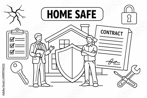 Home insurance agent explains policy benefits to client with house and contract