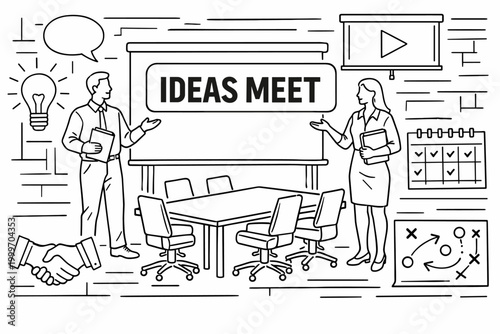 Business meeting where colleagues brainstorm and present new ideas for collaboration