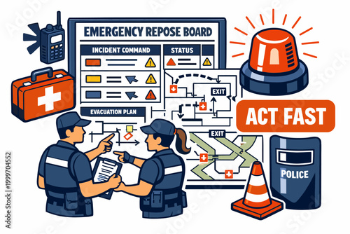 Emergency response team planning evacuation routes and incident command strategy