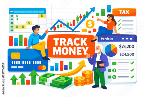 Financial planning and investment growth with people tracking money and portfolio