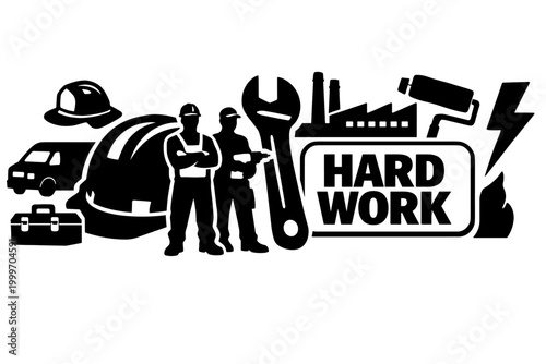 Blue Collar Jobs Series. Solid glyph icon set of skilled trades, labor, and essential work: hard hat worker, mechanic wrench, electrician bolt, plumber pipe,