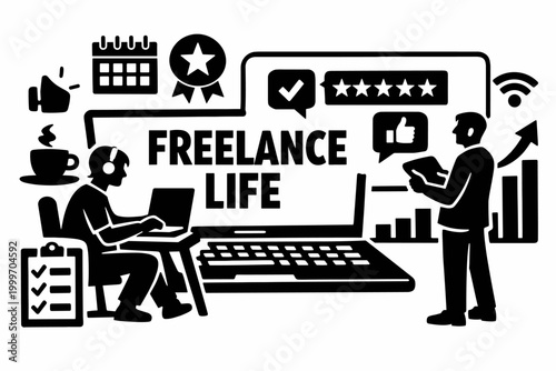 Freelance life depicted with icons of work, success, and remote collaboration