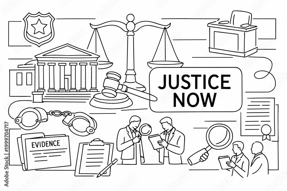 Naklejka premium Justice now concept with legal symbols and courtroom elements