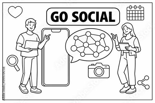 Social Media Marketing. Clean outline banner scene with two digital marketers beside an oversized smartphone and network message hub as the main objects, with