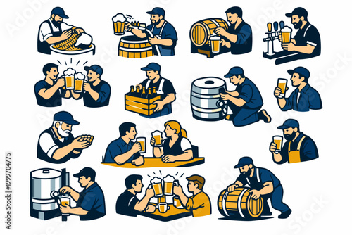 Brewery workers engaged in various beer-making and serving activities