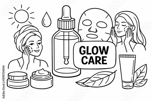 Beautiful woman enjoying a radiant skin care routine with serums and creams