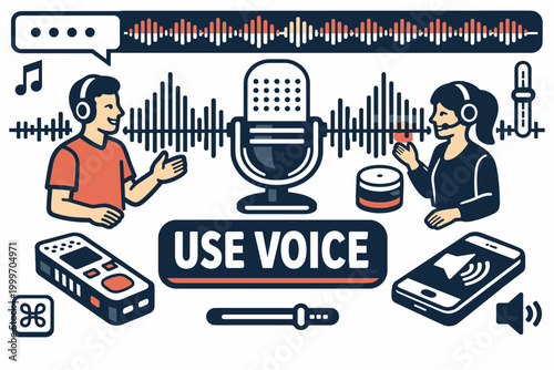 Voice Audio Stories clean focused isometric banner scene with characters, speaker and assistant using voice technology across full canvas, oversized microphone