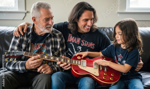 Three generations of Caucasian men sitting on the sofa with electric guitar, family bonding and musical passion