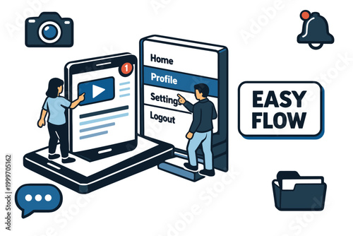 User interface navigation with people interacting with mobile app screens and icons