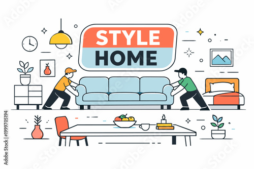 Home Interior Furniture Icons. Editorial banner scene about home interior design and furniture styling, with geometric designers arranging an oversized sofa