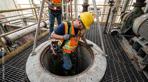 Industrial worker descending into a confined space for inspection, wearing safety gear and harness, with a colleague supervising nearby on a metal grate platform.
