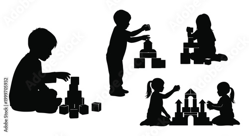 children playing with building blocks silhouette high quality professional detailed modern elegant stylish clean crisp vibrant colorful digital creative innovative contemporary