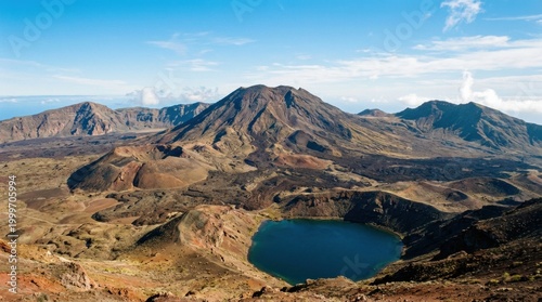 Dramatic volcanic landscape with a deep blue crater lake nestled among rugged mountains and barren, rocky terrain under a clear blue sky.