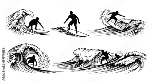 surfing scenes with waves and surfers in various poses silhouette high quality professional detailed modern elegant stylish clean crisp vibrant colorful
