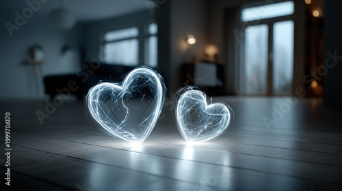 Two glowing heart-shaped objects with electric textures stand out in a tranquil room, evoking feelings of love and connection.