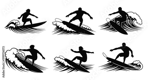 surfing silhouettes in various poses on waves silhouette high quality professional detailed modern elegant stylish clean crisp vibrant colorful digital creative