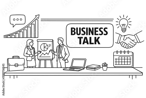 Business Strategy Scenes. Clean outline banner scene with oversized office desk and growth chart stretching across opposite edges, one businesswoman and one