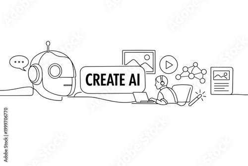 Generative Creative AI. Minimalistic set one-line drawing robot head, image frame, prompt bubble, video play icon, data node, magic spark, content page, ai