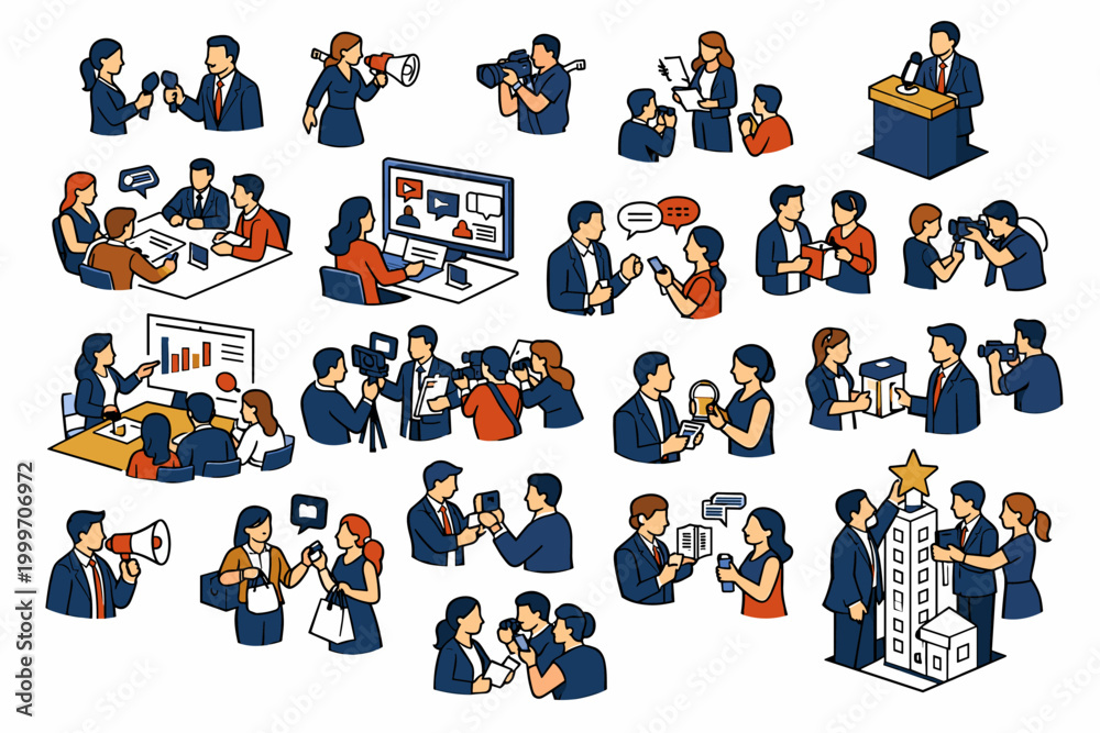 Fototapeta premium Public Relations Media Collection of digital illustrations showing PR managers, journalists, and brand teams in small readable communication scenes such as