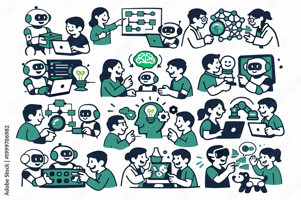 Fototapeta premium Puzzle Team Synergy colorful flat vector icons of puzzle pieces, collaboration circle, idea bulb, handshake, brain icon, target flag, connection link, strategy