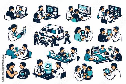 Diverse medical professionals collaborate on patient care and research using technology