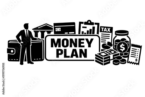 Personal Finance Glyph Series. Wide banner with a clean solid filled personal finance scene: one professional beside an oversized wallet and giant bank card,