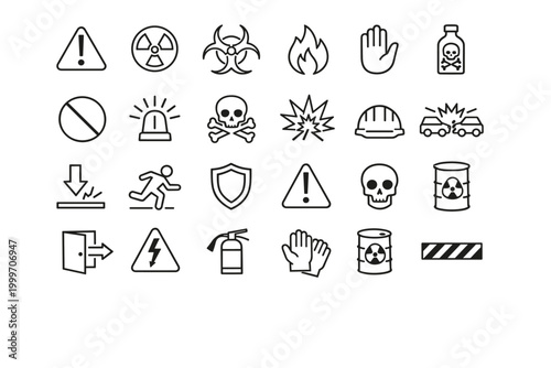 Collection of universal safety and hazard warning icons for industrial and public use