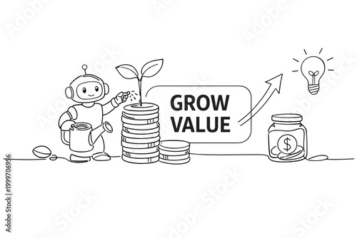 Robot nurturing a plant growing from coins, symbolizing financial growth and value creation