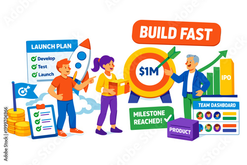 Product Development Launch Pack dynamic asymmetric banner scene with two stylized startup founders and one investor interacting with an oversized rocket launch