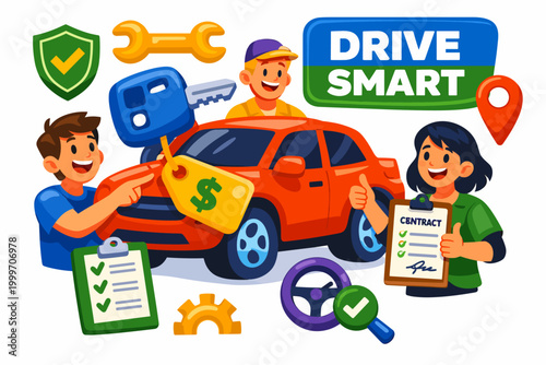 Happy people buying a car with contract and keys, symbolizing smart driving choices