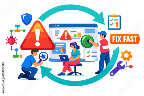 Team collaborating on rapid bug fixing and system maintenance for software development