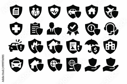 Collection of diverse insurance protection coverage icons on a white background