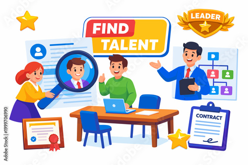 Recruitment Talent Search Pack dynamic asymmetric banner scene with two stylized recruiters and one candidate interacting with an oversized resume card and