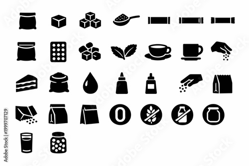 Collection of icons representing various forms of sweeteners and related items