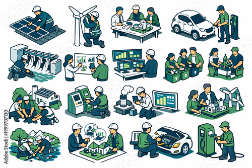 Diverse team of engineers collaborating on sustainable energy solutions and green initiatives