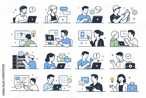 Diverse professionals offering technical support and solutions with digital tools