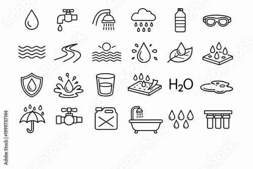 Collection of water-related icons illustrating various aspects of water usage and protection