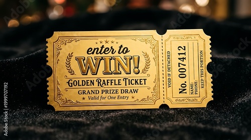 Shiny gold raffle ticket with enter to WIN in bold on dark background
