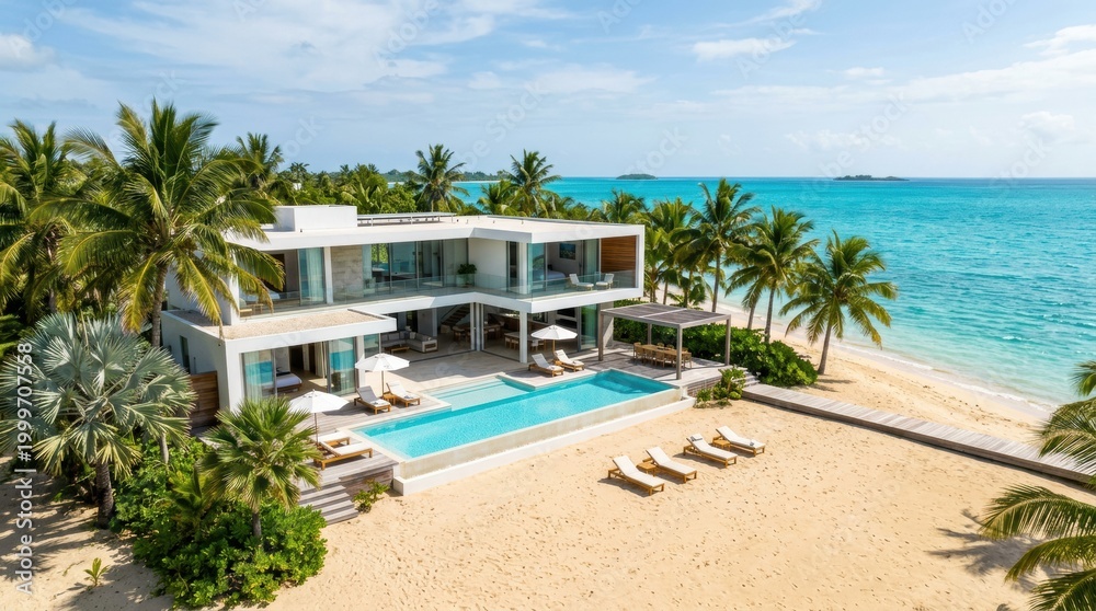 Obraz premium Modern luxury beach house with an infinity pool, surrounded by lush palm trees, overlooking a beautiful turquoise ocean under a clear blue sky.